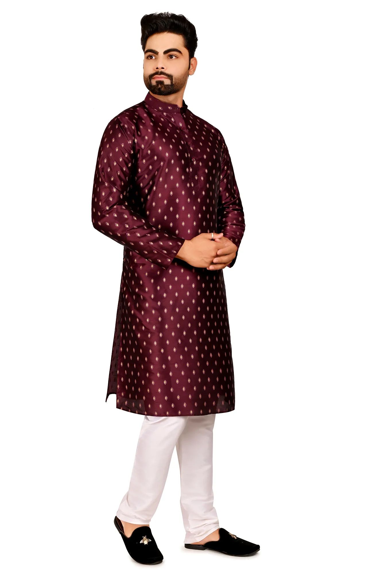 Printed Cotton Silk Kurta Set For Men (Color - Purple, Size - 36) by G P International