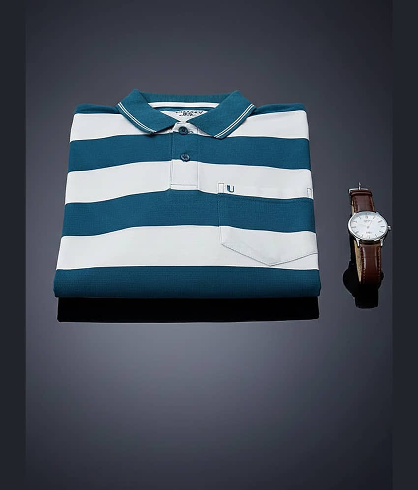 UNIBERRY Men Cotton Blend Regular Fit Striped Polo T Shirt ( Teal Blue )