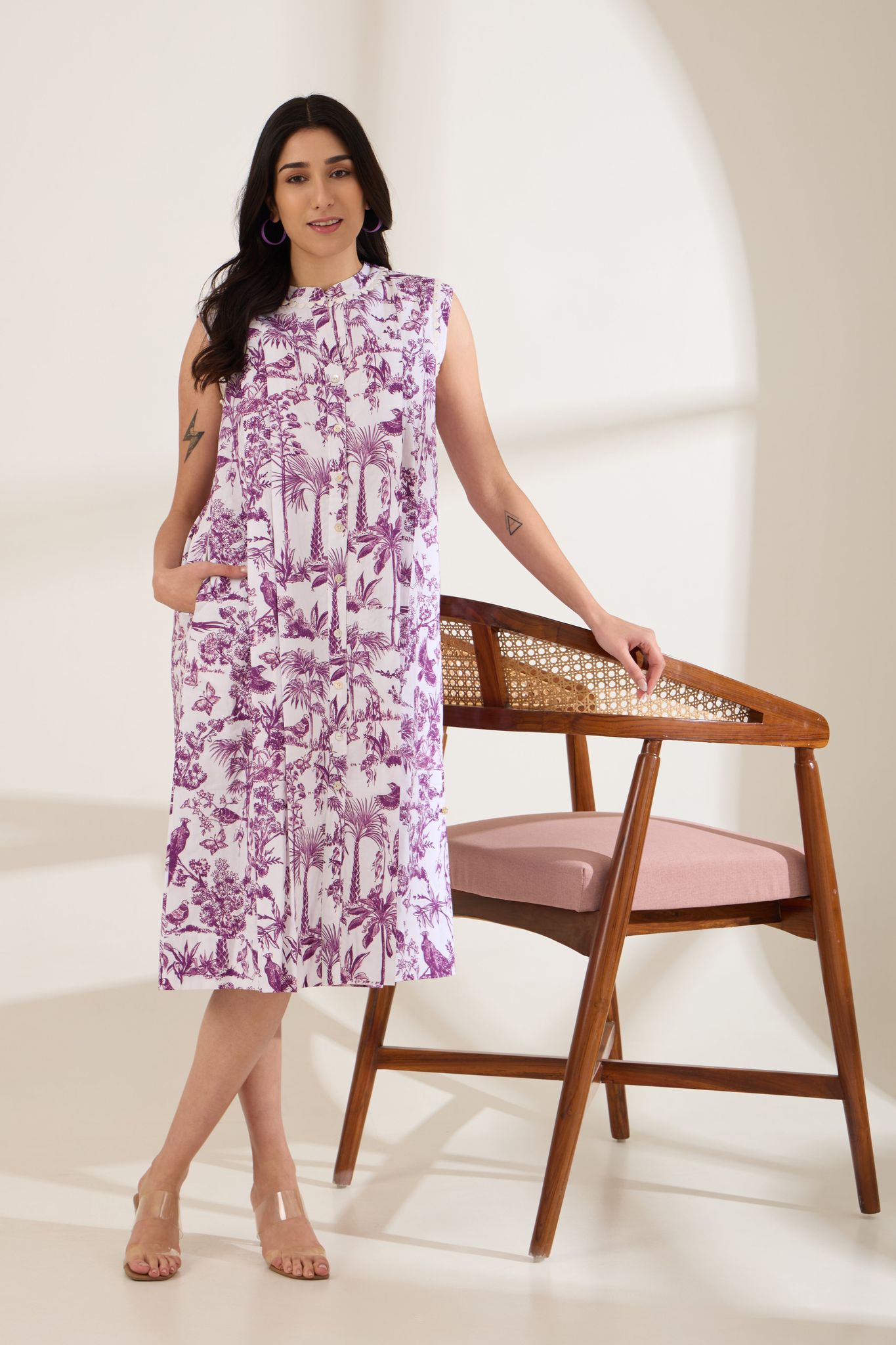 PURPLE TOILE PRINTED DRESS-Purple / Cotton / XXS
