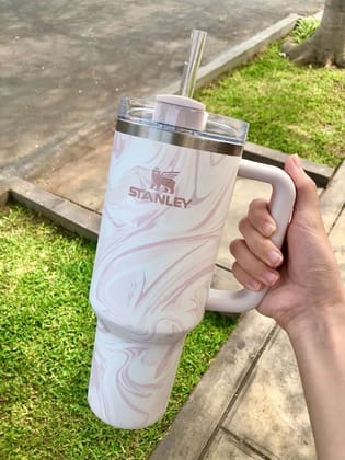 Luxury Branded Stainless Steel Vacuum Insulated Tumbler With Lid & Straw-Rose Quartz Swirl