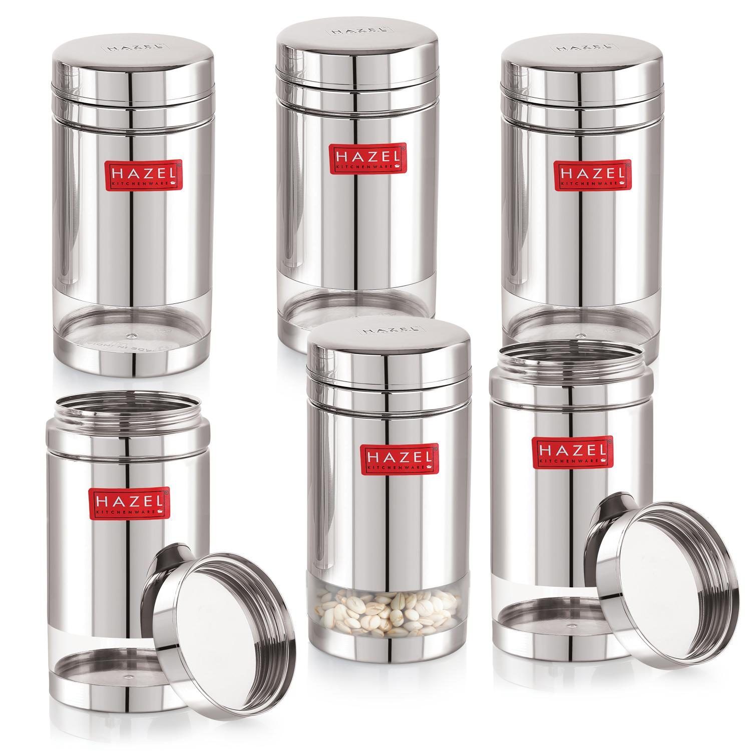 HAZEL Stainless Steel See Through Transparent Container, Kitchen Air Tight Storage Dabba Containers Set of 6, 1200 ML