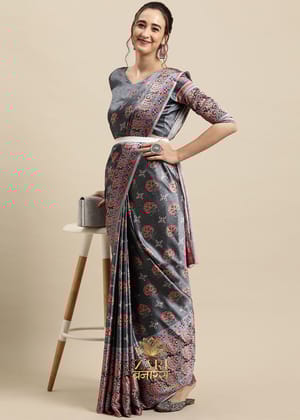 Silver Grey Satin Crepe Printed Silk Saree