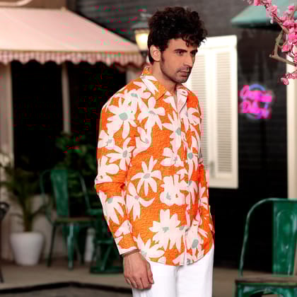 Lily Flower Orange Casual Pure Linen Full Shirt (Size - S) by BLUE EAGLE