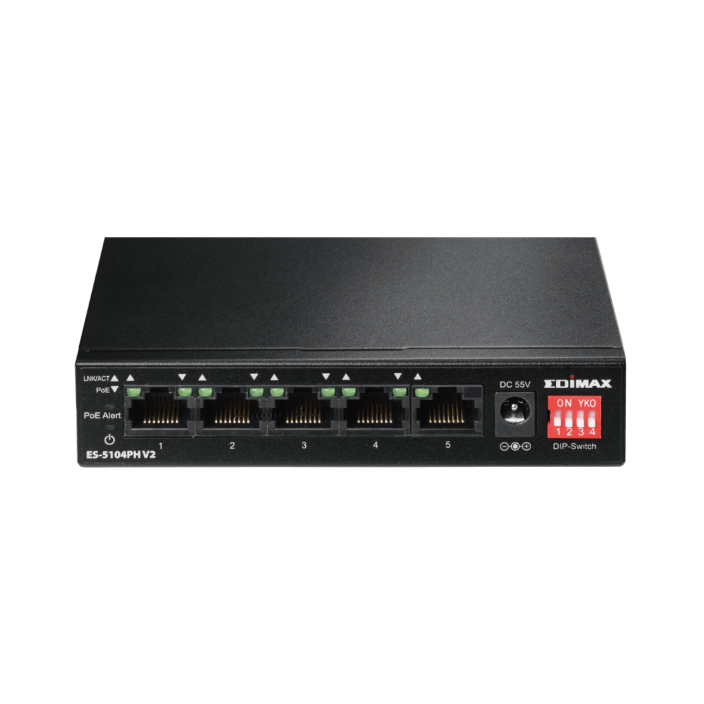 Edimax ES-5104PH V2, Unmanaged Long Range 5-Port Fast Ethernet Switch with 4 PoE+ Ports and DIP Switch