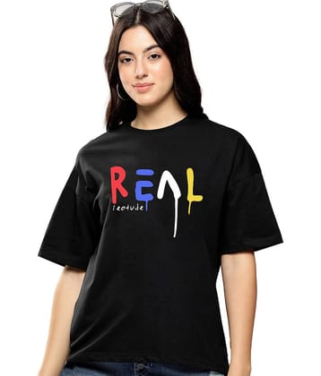 Trond Women Cotton Printed Oversized Fit Round Neck T-Shirt ( Black )