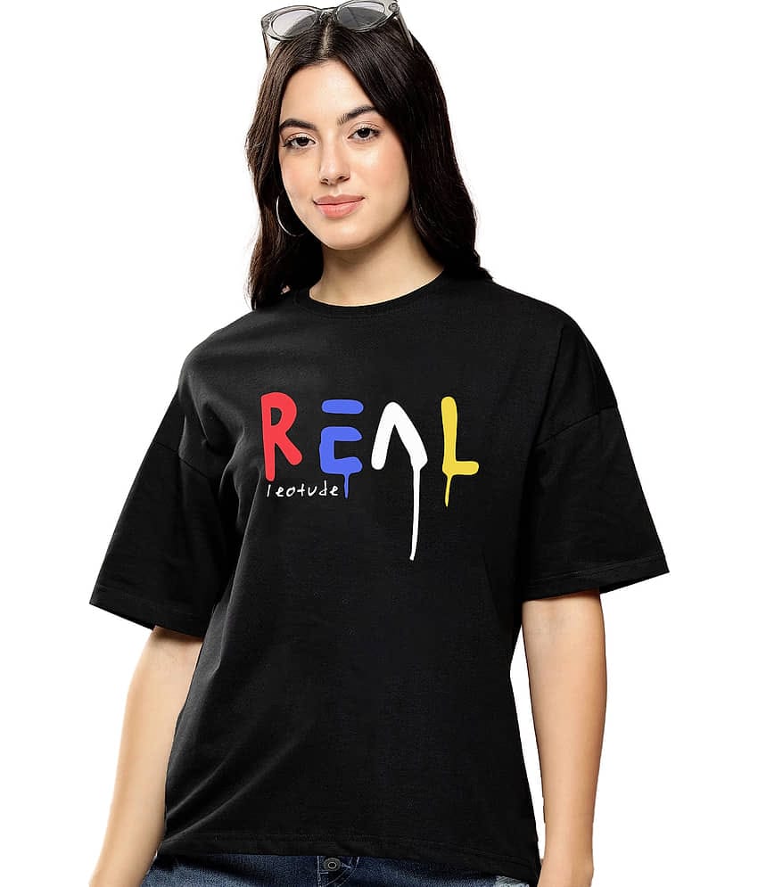 Trond Women Cotton Printed Oversized Fit Round Neck T-Shirt ( Black )