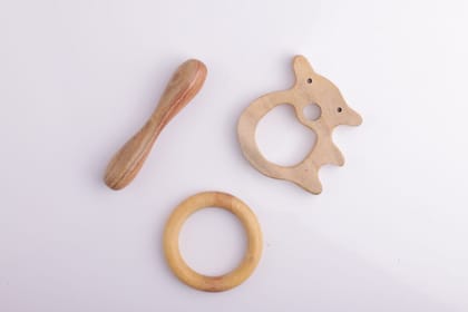 Reva Natural Wooden Teething Toys for Babies | Ring, panda & Dumbbell Teether Set | Baby Chewing Toys for Infants 312 Months | Gentle Gum Comfort