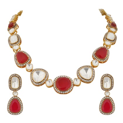 Raaya - Polki and Red Stone Necklace Set-Red