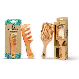 IMECO Neem Wood Wide Tooth Comb And Bamboo Paddle Hair Brush (Pack of 2)