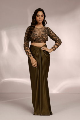 OLIVE GREEN DRAPE SKIRT AND BLOUSE-XS