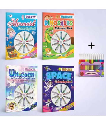 Magical Unicorn Colouring Book , Endless Space Colouring Book , Pretty Mermaid Colouring Book , Majestic Dinosaur Colouring Book With Crayons and 12 WATER COLOUR SKETCH PEN |Combo of 4 |Mystical Coloring Odyssey