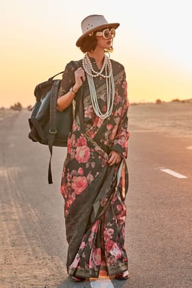 Black Printed Tussar Silk Saree