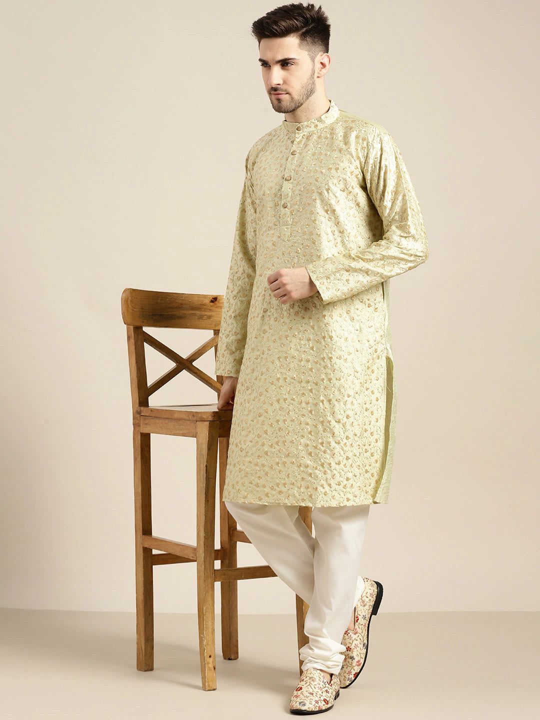 Men's Silk Blend Pista Embroidered Kurta With Cream Churidaar Pyjama-36