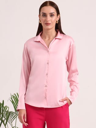 Women's European Satin Spread Collar Shirt-M