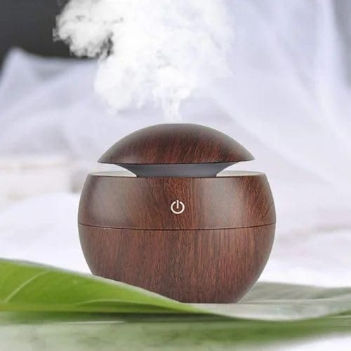 Wood Grain Essential Oil Diffuser, USB Ultrasonic Cool Mist Humidifier, Sphere Design, Dark Brown, LED Light