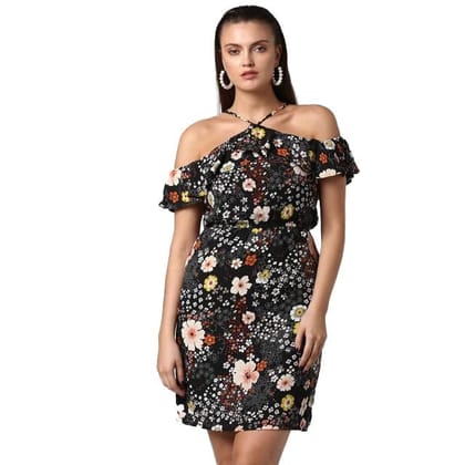 Women's Polyester Floral Cold Shoulder Above Knee Dress (Black, M)-PID55773