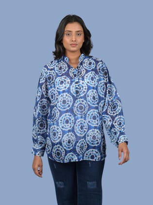 top for women stylish tops western wear trending top Blue Printed Long Sleeves Top (OTL-TPS1078)-Blue / S