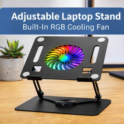 Adjustable Height Metal Laptop Cooling Pad Stand with RGB Cooling Fan, Non-Slip, High Load Capacity, Dark Grey Adjustable Height Metal Laptop Cooling Pad Stand with RGB Cooling Fan, Non-Slip, High Load Capacity, Dark Grey