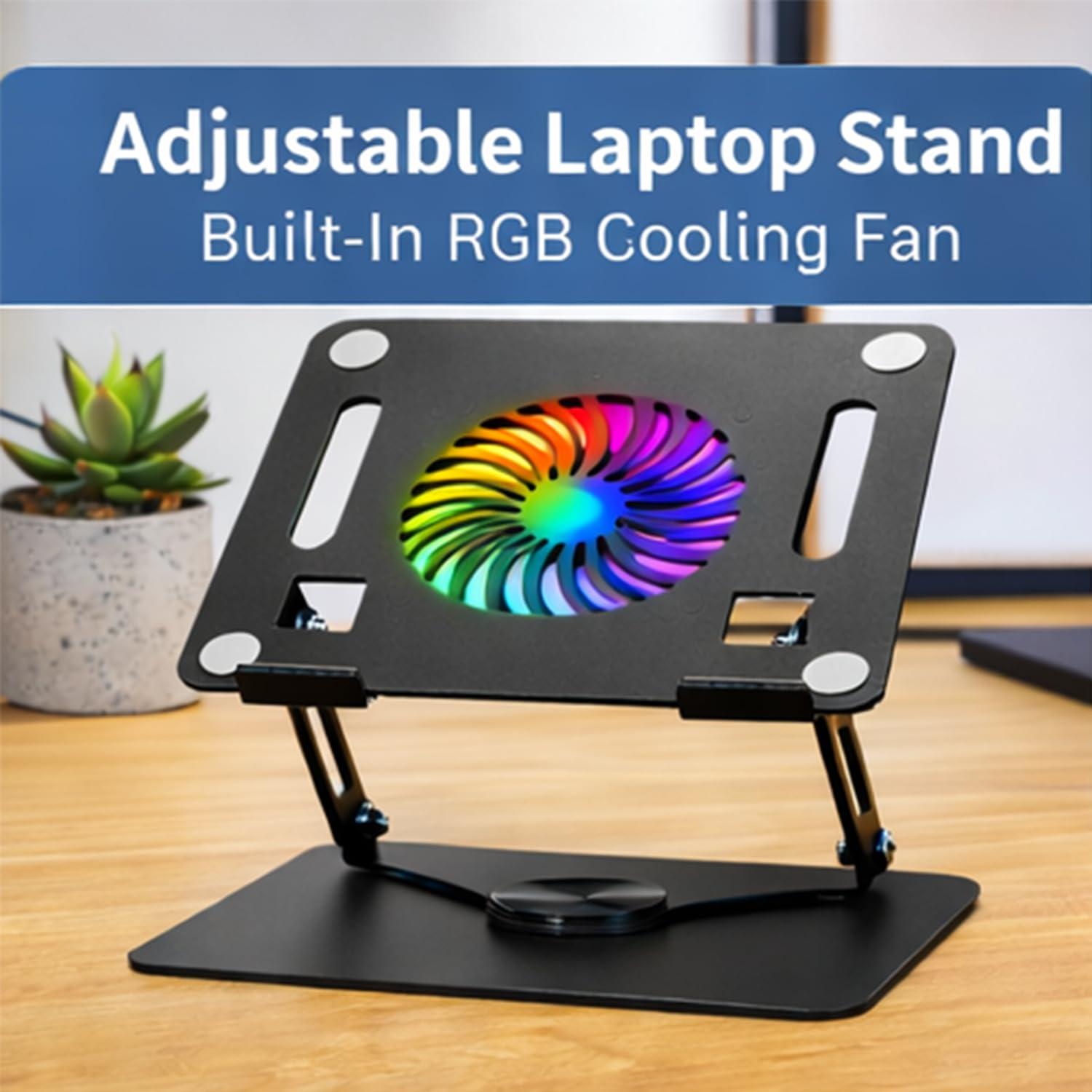 Adjustable Height Metal Laptop Cooling Pad Stand with RGB Cooling Fan, Non-Slip, High Load Capacity, Dark Grey