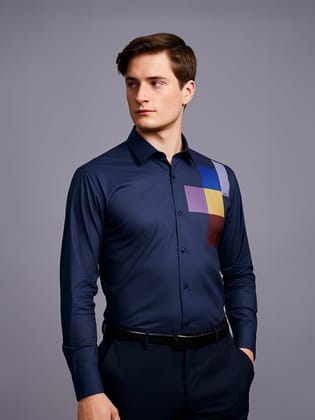 Colourblocked Party Wear Navy Shirt-NAVY / S