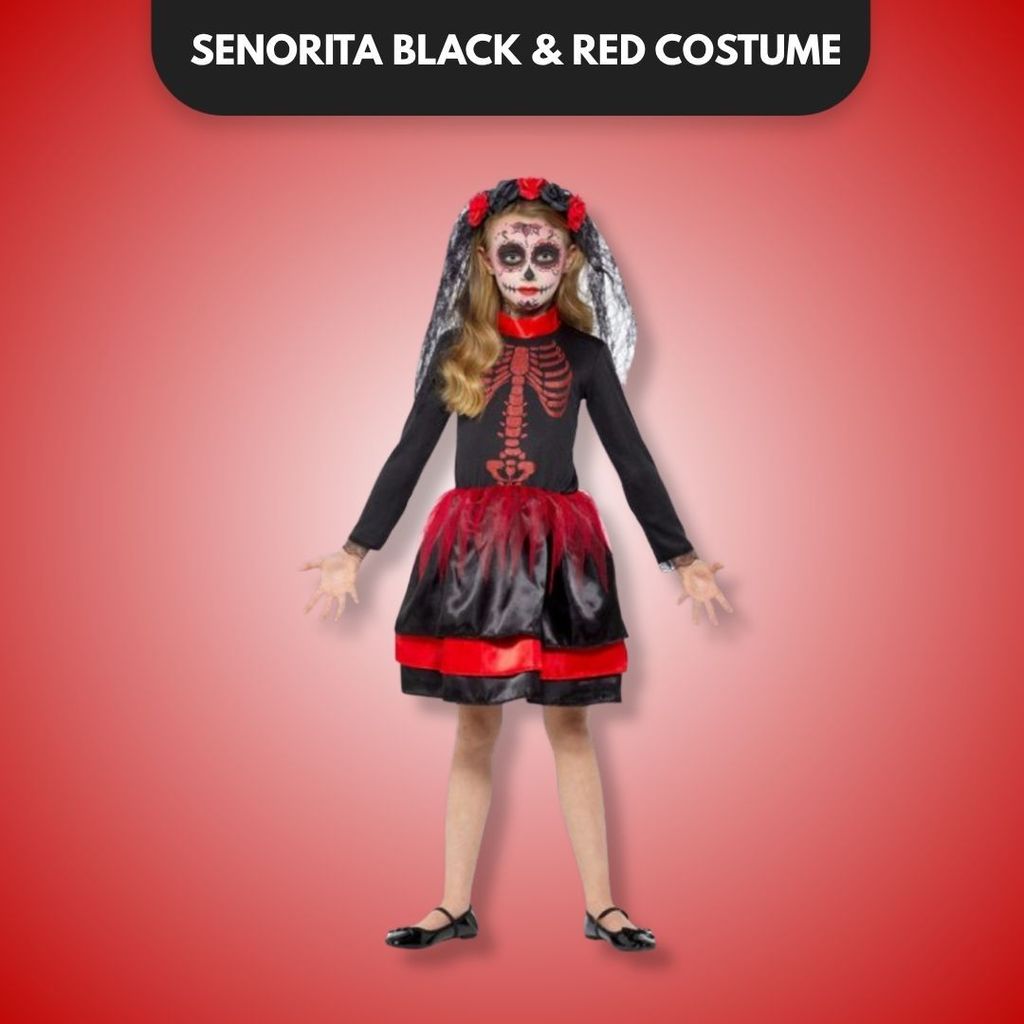 Day of the Dead Senorita Black & Red Costume w/ Skeleton Print & Veil - Party and Festive Needs | Buy online on ZillyBuy