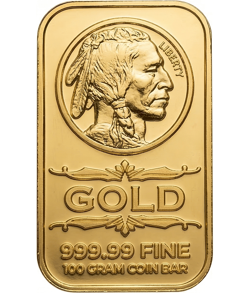 100 Grams - American Indian Head & Eagle Shield Design | USA Fantasy Style Gold-Plated Coin Bar