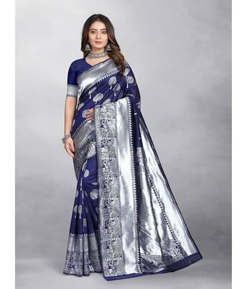 Gazal Fashions Banarasi Silk Embellished Saree With Unstitched Blouse Piece ( Navy Blue )