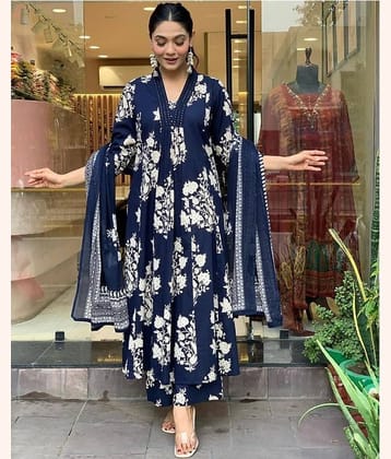 YAGNIK FASHION Women Rayon Printed Anarkali Kurti With Pants ( Blue )