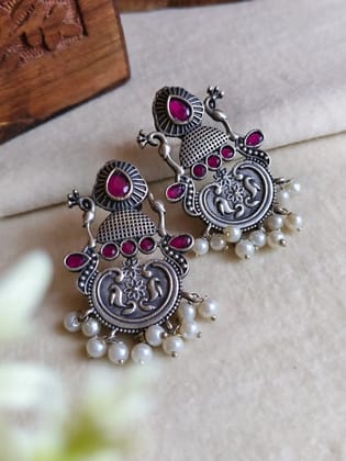 Oxidised Silver Party Stud Earrings | Sarichka-Red