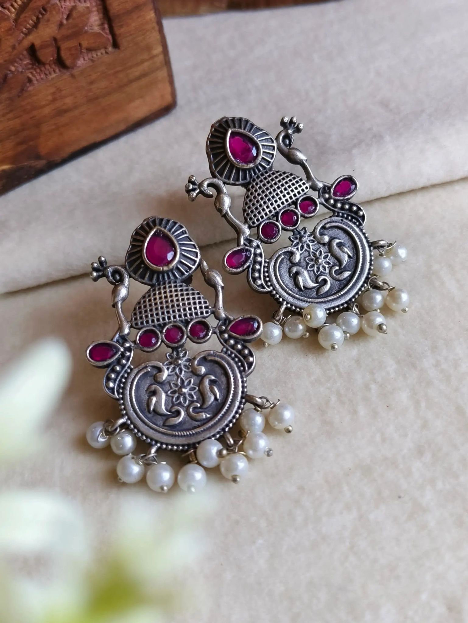 Oxidised Silver Party Stud Earrings | Sarichka-Red