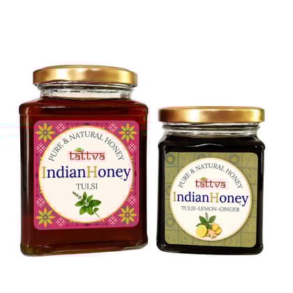 IndianHoney Warming & Anti-Inflammatory Ginger Infused Honey & Ayurvedic & Stress-Relief Tulsi Infused Honey Combo Pack (500gm & 230gm) Ginger & Tulsi