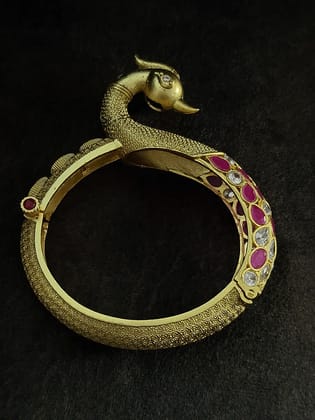Peacock design single openable kada with ruby and white stones-2'8