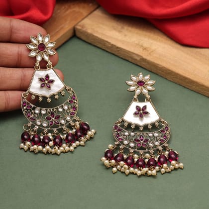 Purple Color Kundan Earrings (KDE916PRP)-Length: 9.00 CM x Width: 4.00 CM / Purple / Alloy With Good Quality Mehndi Gold Plated