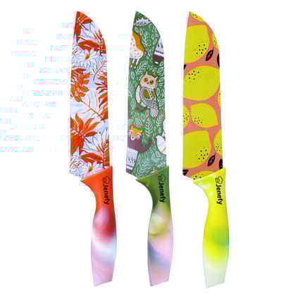 Jenefy Ultra Sharp Knife with prints of protective sheath Chef Knife Japanese Santoku Knife with Non stick coating NonSlip Ergonomic Handle & Blade Cover High Stainless Steel Green Yellow & Red Combo