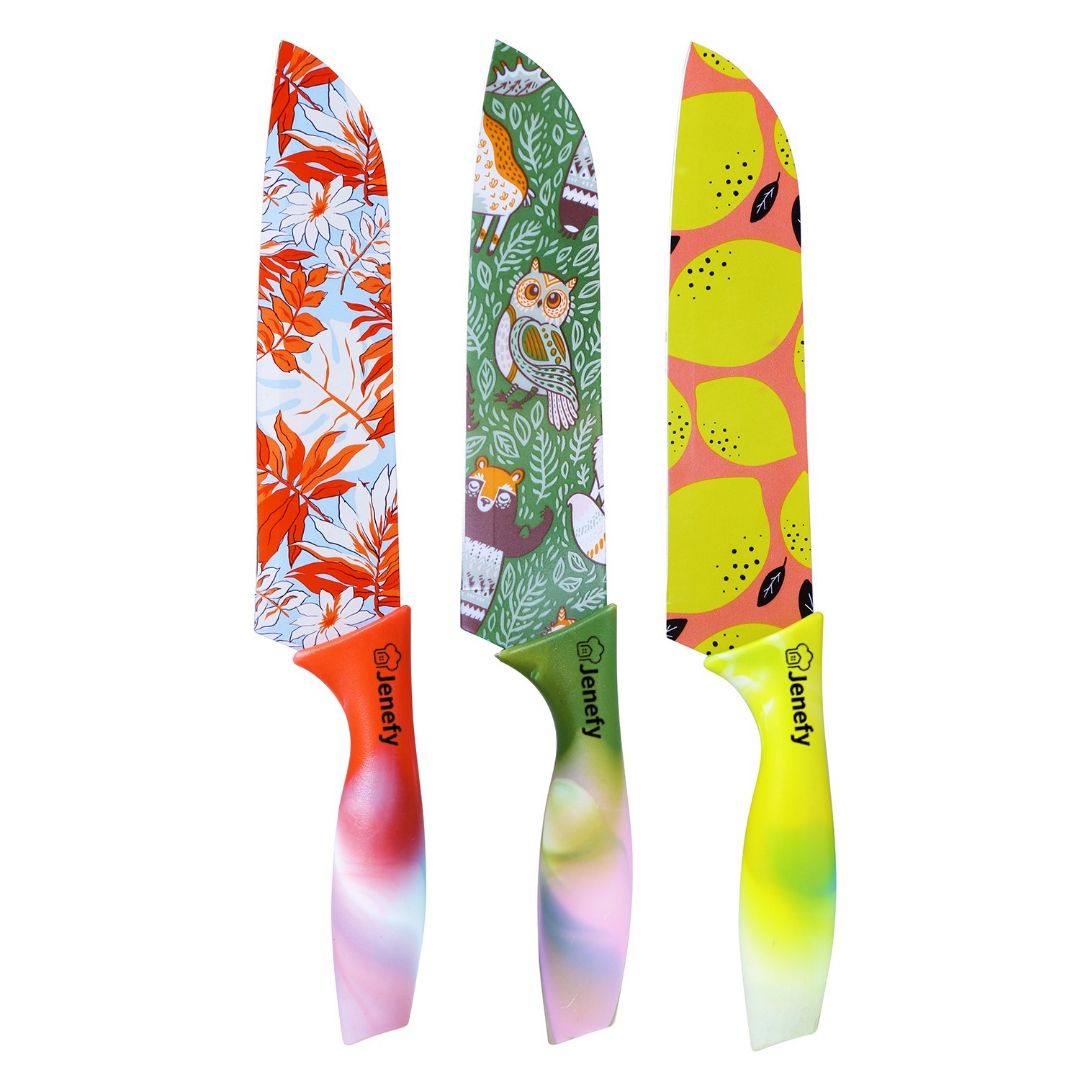 Jenefy Ultra Sharp Knife with prints of protective sheath Chef Knife Japanese Santoku Knife with Non stick coating NonSlip Ergonomic Handle & Blade Cover High Stainless Steel Green Yellow & Red Combo