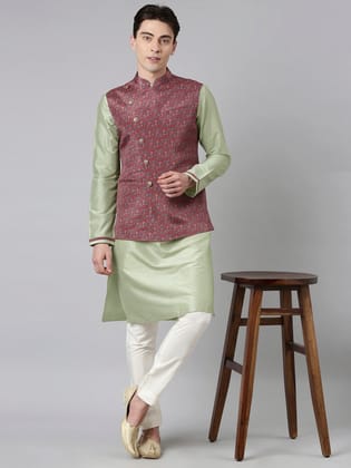 Red Printed Jacket With Kurta-M/40 / Pant Pajama Set
