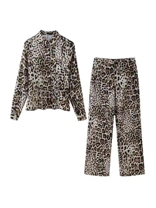 Animal Print Collar Shirt & Pants Coord Set-Multicolor / M