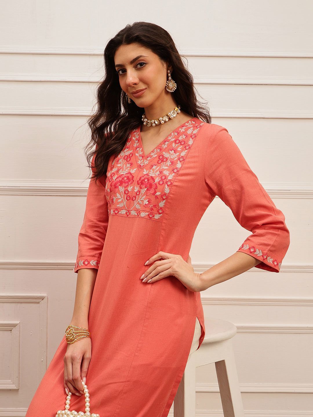 Coral Embroidered Kurta