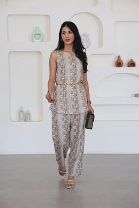 Earthy Floral Stripes Sleeveless Co-Ord Set-XS