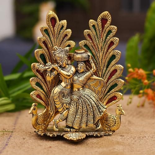 Collectible India Peacock Design Radha Krishna Idol Showpiece with Diya for Puja and Home Decor (7 x 5 Inches),