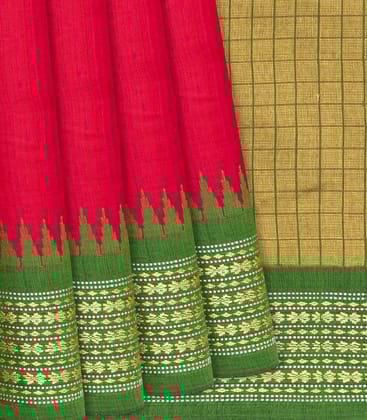 Red Woven Dupion Silk Saree With Green Border-Red-Red