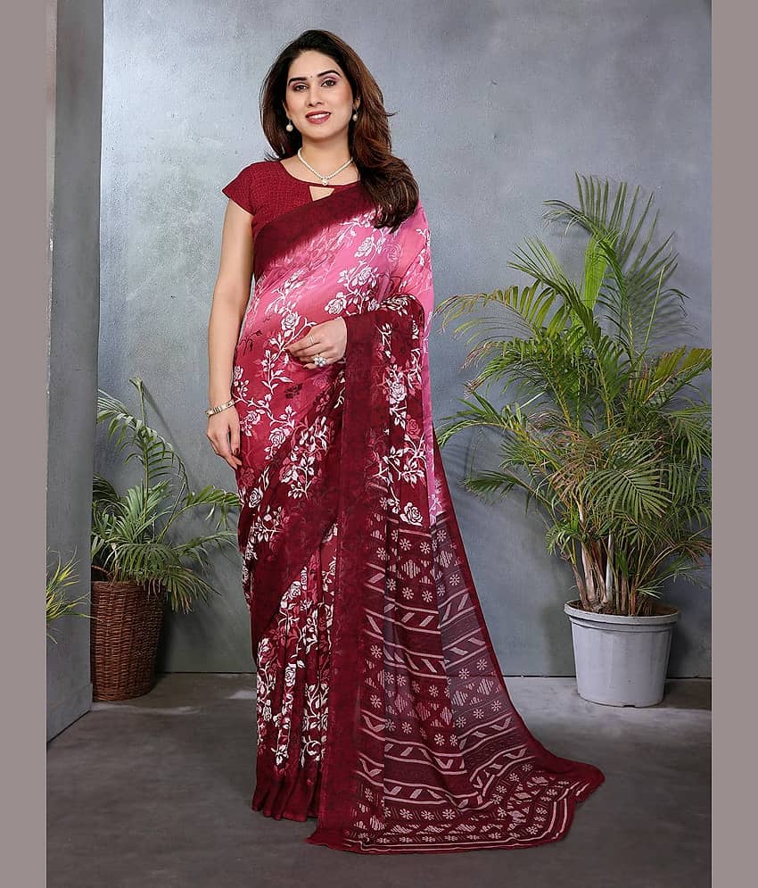 TTH Georgette Printed Regular Saree With Unstitched Blouse Piece ( Wine )