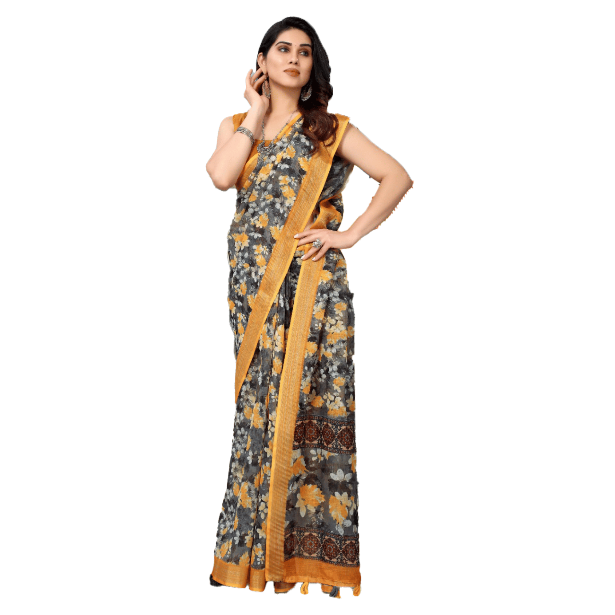 TheHangr Women's Grey Saree With Multicolor Flower Print And Orange Border