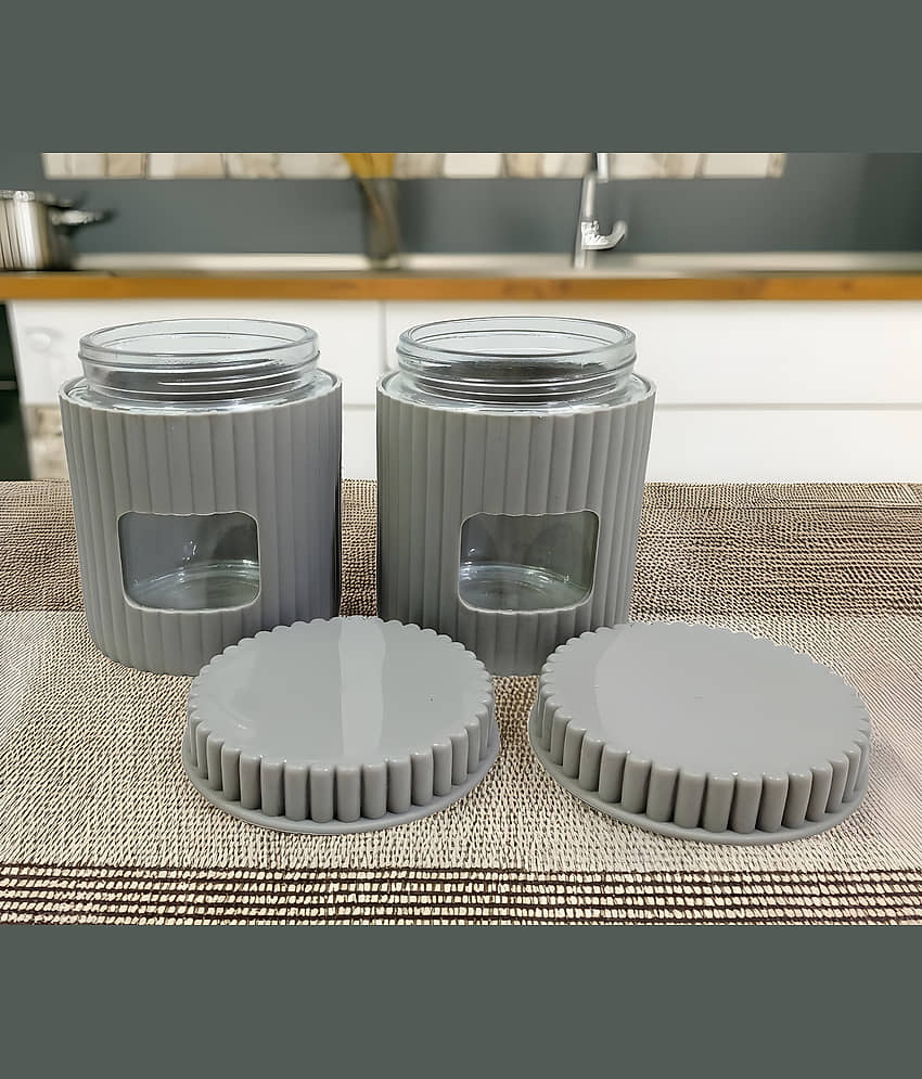kitchrox Jars for Kitchen Glass Grey Multi-Purpose Container ( Set of 2 )