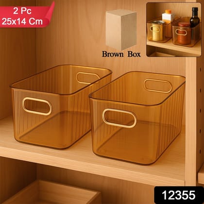 Premium Ribbed Transparent Storage Basket with Gold Handle – Multipurpose Kitchen &amp; Home Organizer Box (25x14cm / 2 Pc)