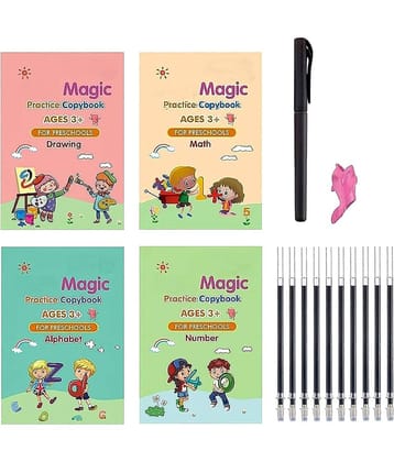 Magic Practice Copybook for Kids, Calligraphy Pens, Calligraphy Set for Beginners, Reusable Calligraphy for Kids, Handwriting Practice Copybook for Preschoolers (Four Copybook and Magic Pens)