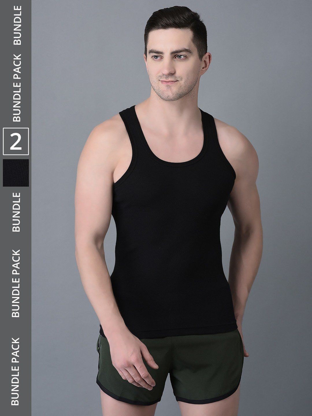 Men's Black Pack of 2 Solid Combed Cotton Vest
