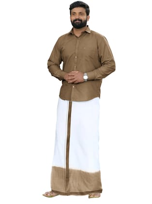 Brown Two Tone Double Dhothie + Shirt Set Full Sleeve 43004-40