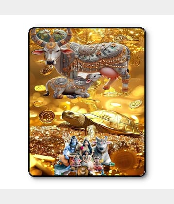Livin'luxe Kamdhenu Cow Tortoise Shiva Family Wall Art Black Frame Sparkle Laminated Vastu Wealth Painting