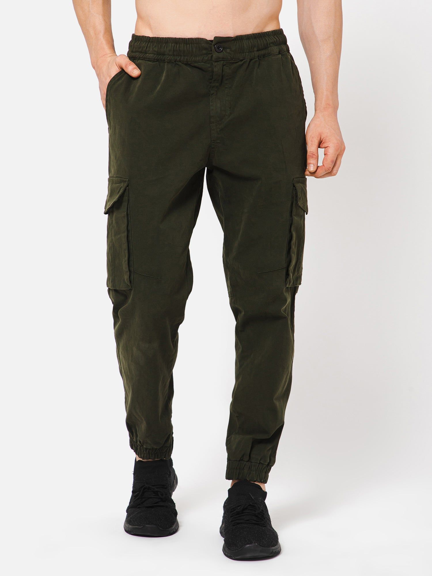 PUNK Men Olive Loose Fit Cotton Casual Cargos-36 / Olive